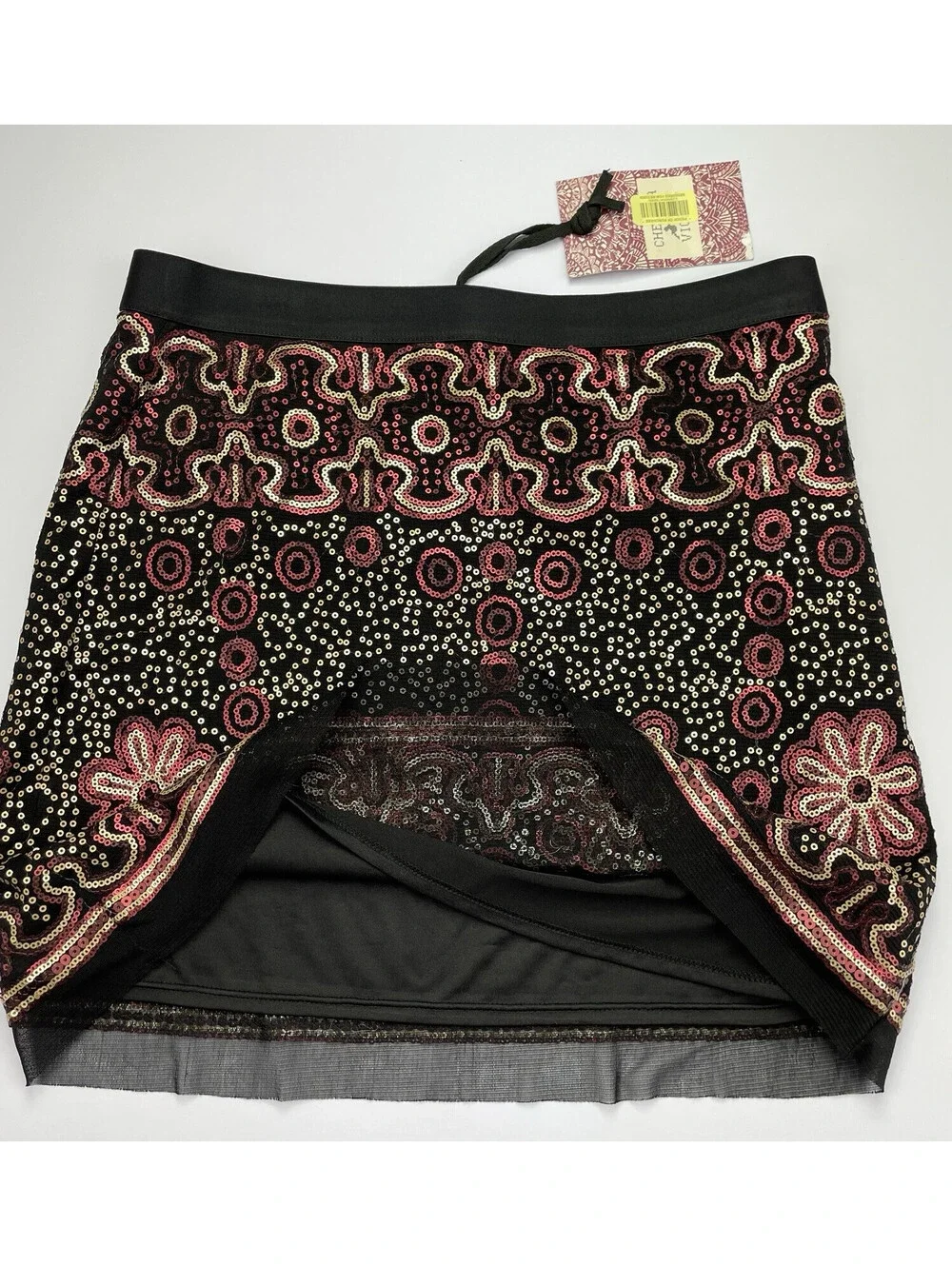 NWT Chelsea Violet Sequin Mini Skirt S Black Pink Boho Beaded Festival Party